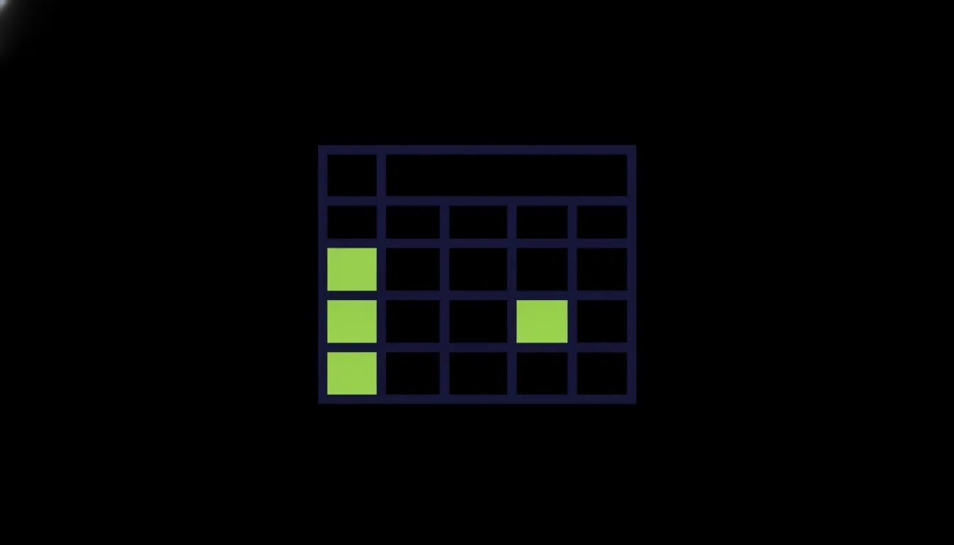 Minimalist illustration of a spreadsheet icon in dark tones with lime accents.