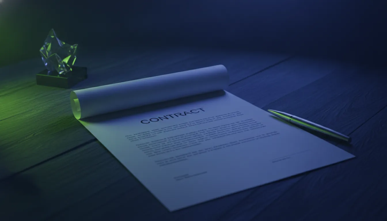 A contract and pen on a desk in a dimly lit office