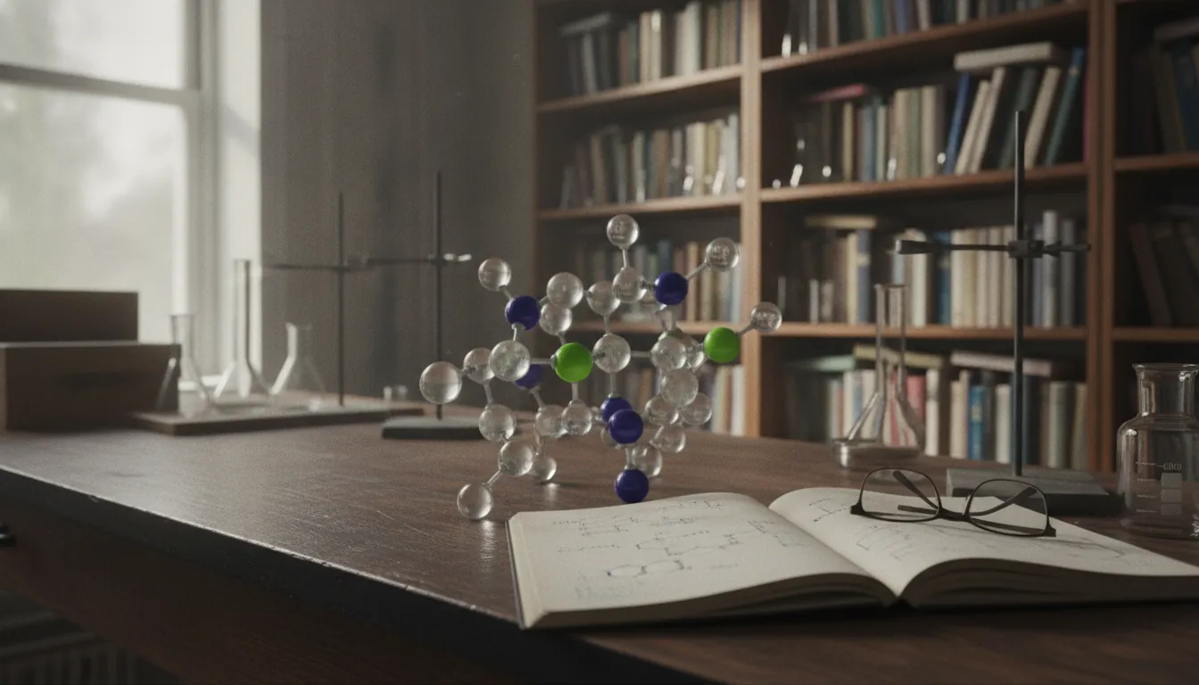 A molecular model on a lab table with a research notebook.