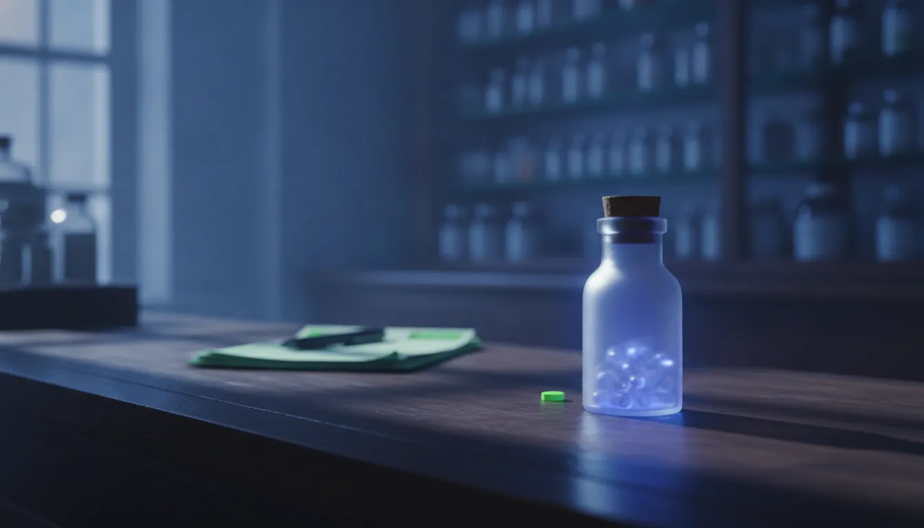 A pill bottle on a pharmacy counter with a prescription pad in the background.