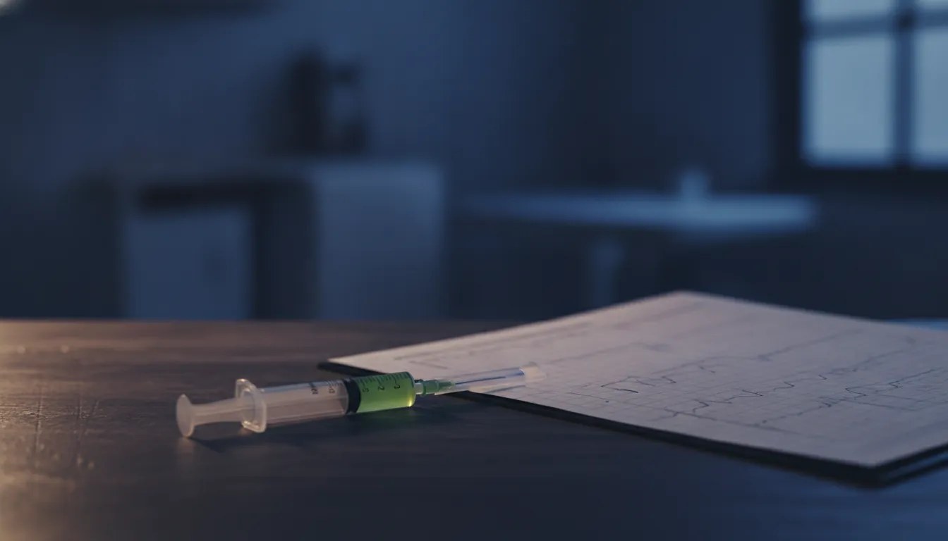 A syringe and medical chart in a dimly lit clinic room
