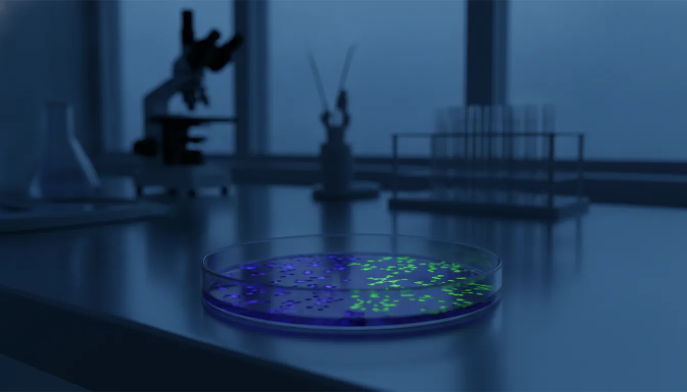 Petri dish with cultured human cells in a dim laboratory setting