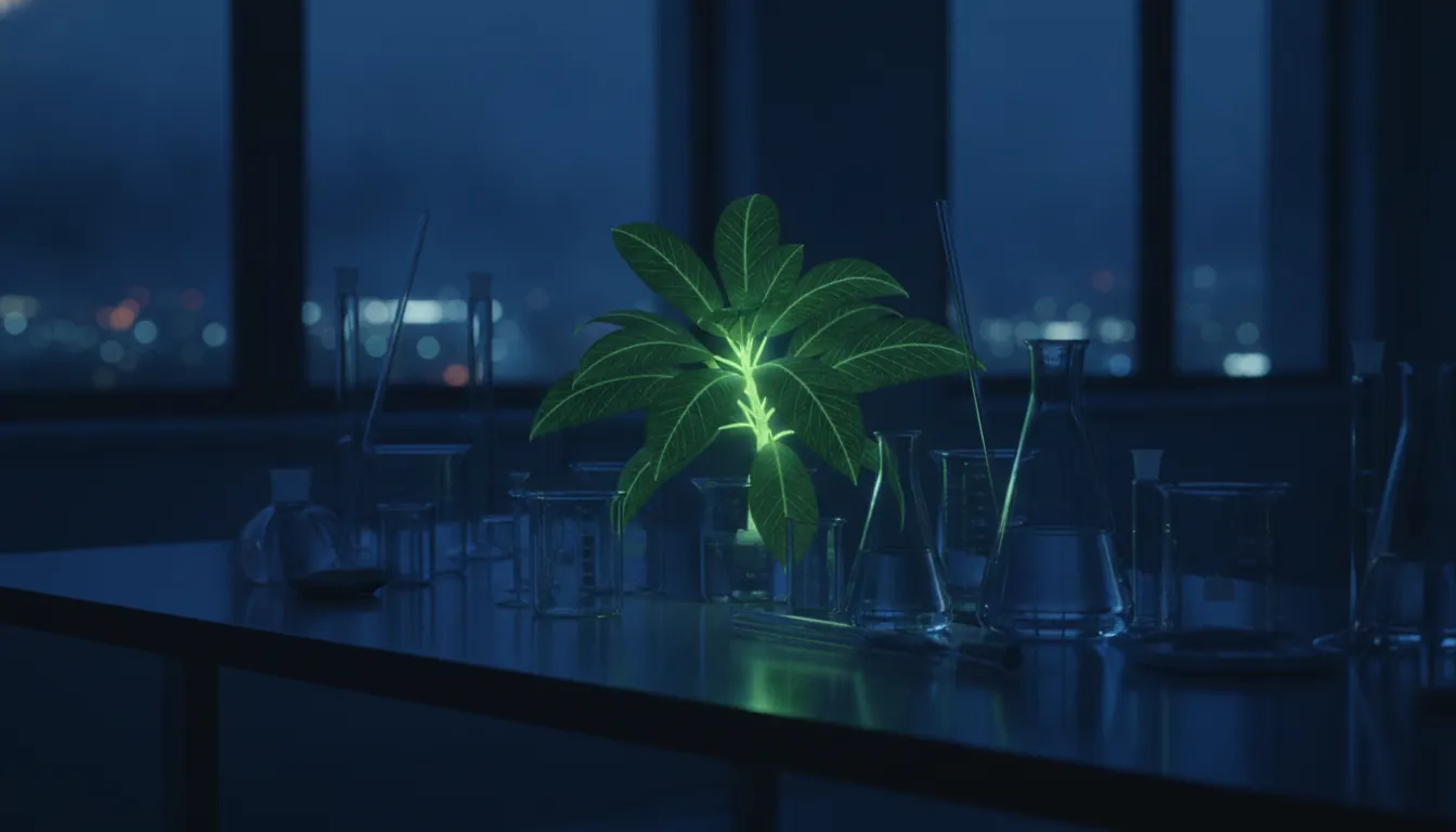 A green plant specimen in a dimly lit laboratory setting, symbolizing sustainable practices in green pharma.