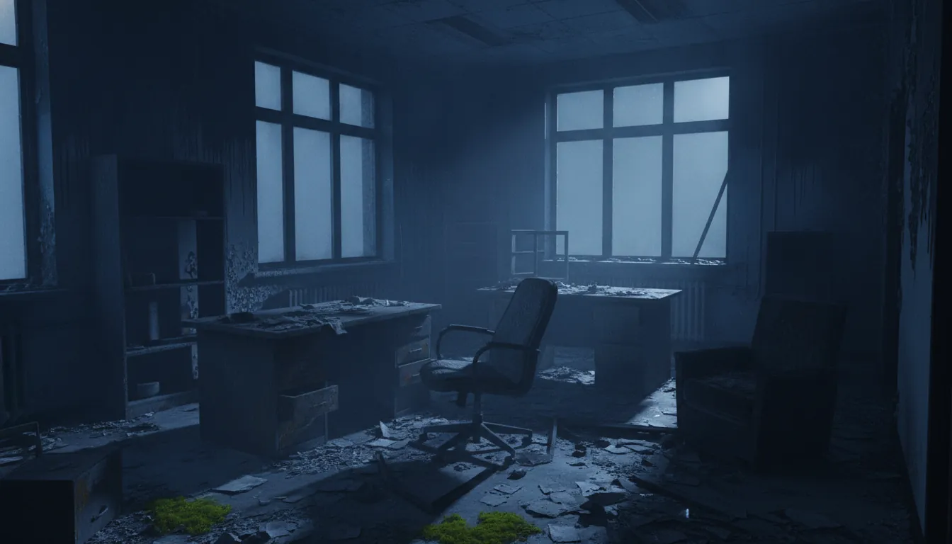 A burnt apartment office after an arson incident, showing damaged furniture and walls.