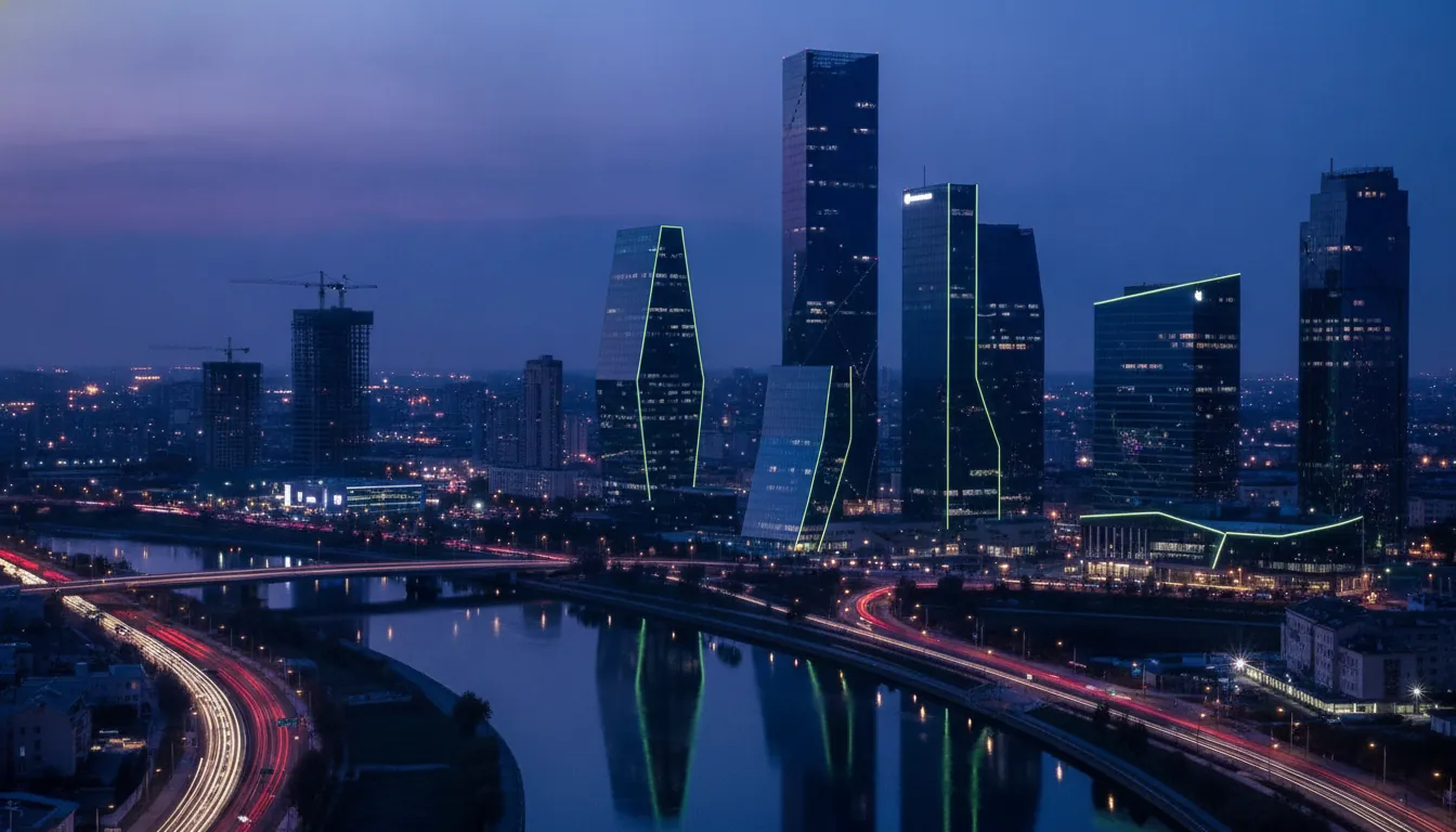 Emerging biotech city skyline at dusk