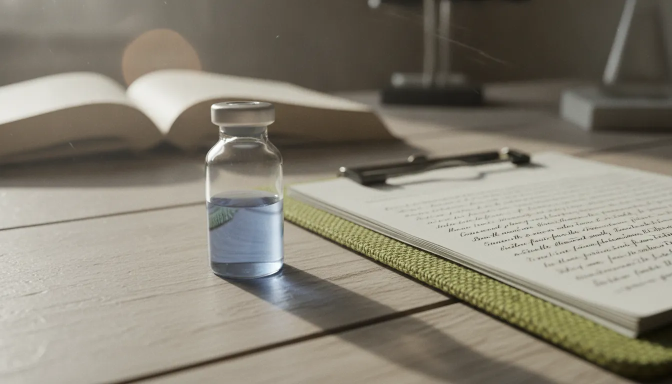 A glass vial and clipboard in a clinical office setting