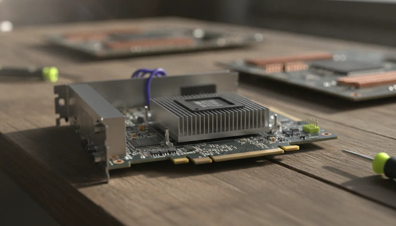 Close-up of a GPU resource on a workbench in a tech lab