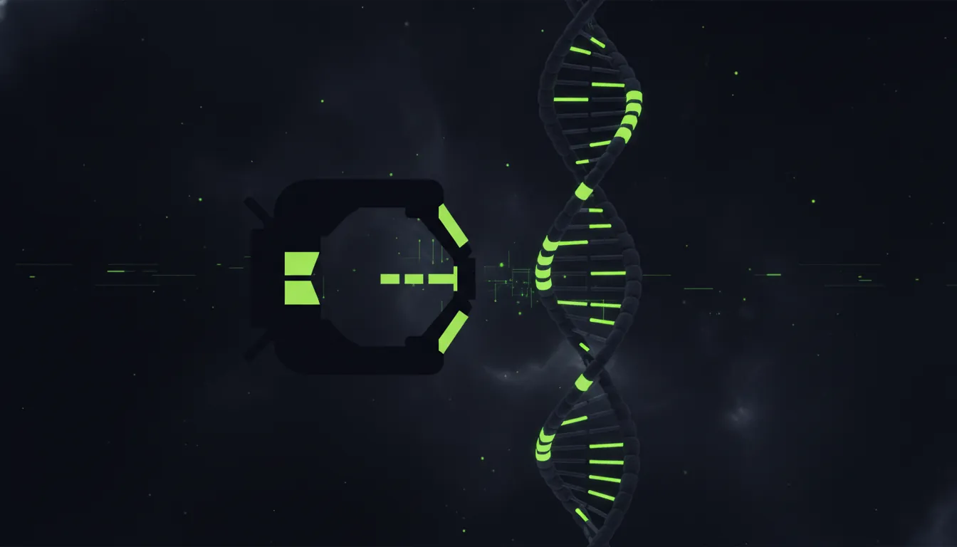 A minimalist representation of a base editor and DNA strand in a dark color scheme.
