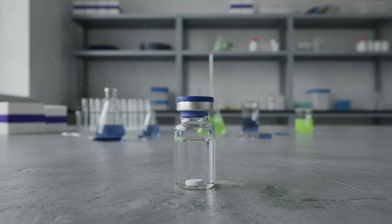 A vial of medication on a lab bench in a clinical setting.