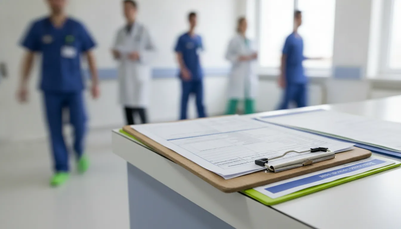 A clipboard with a patient chart in a hospital corridor