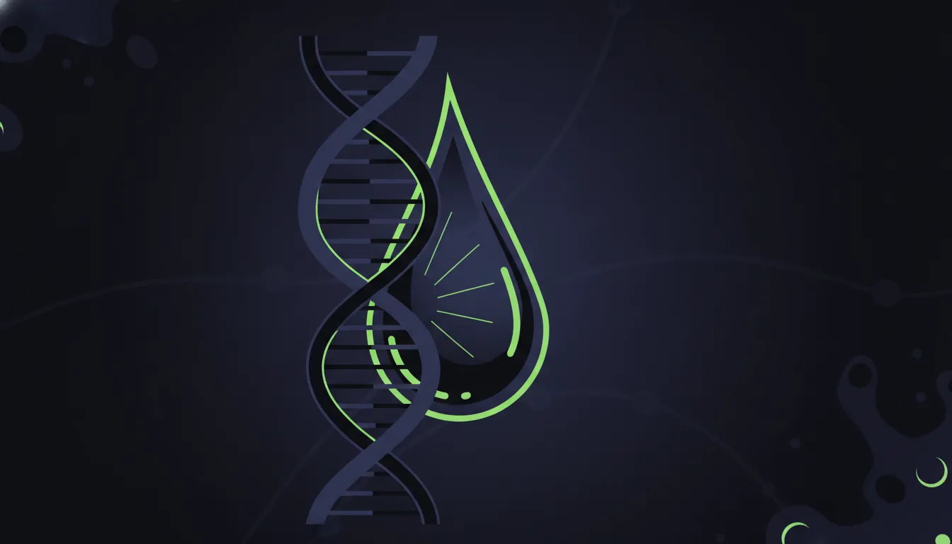 Silhouette of DNA strand and droplet representing liquid biopsy