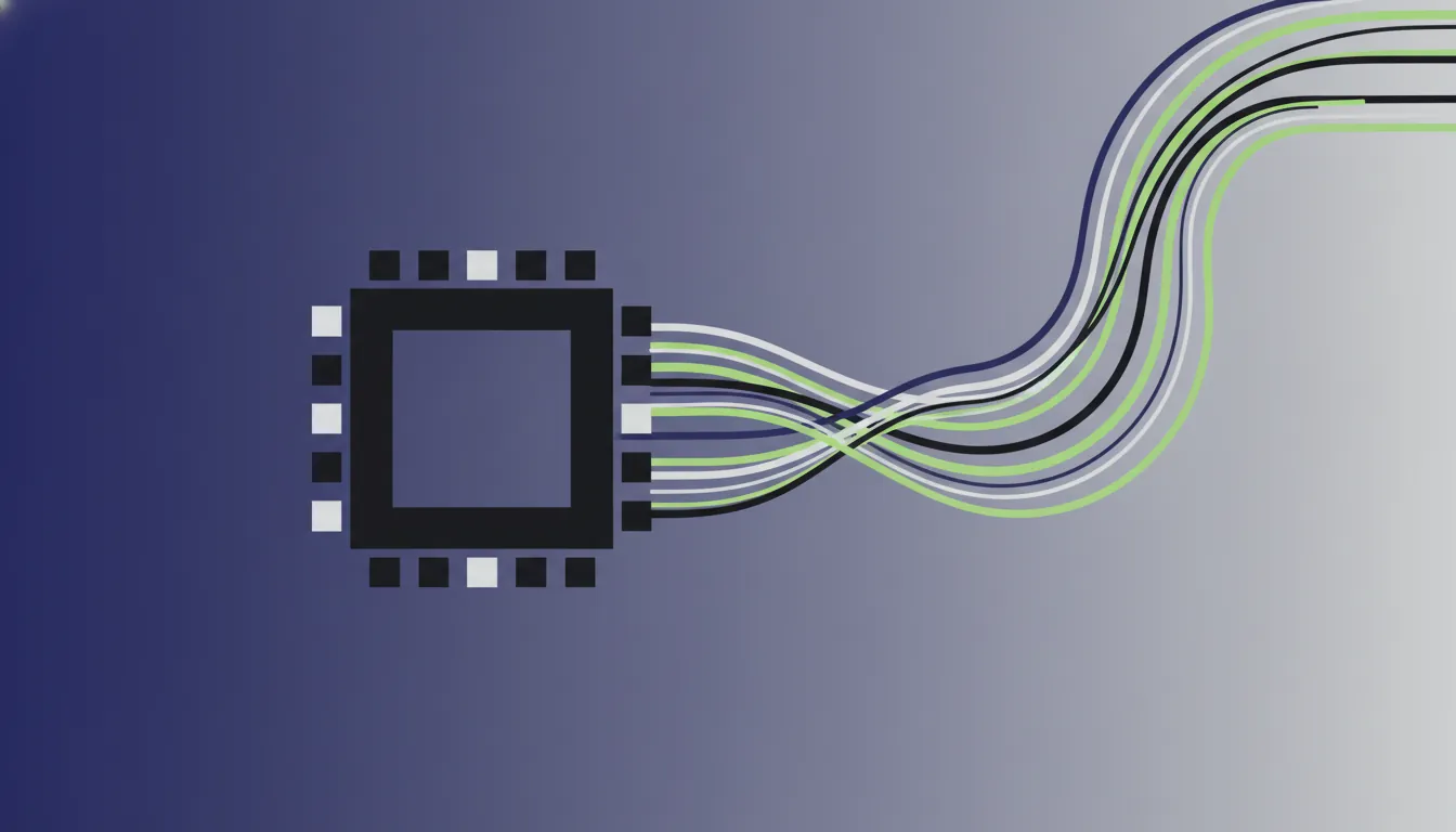 A minimalist illustration of a computer chip and data stream in flat design.