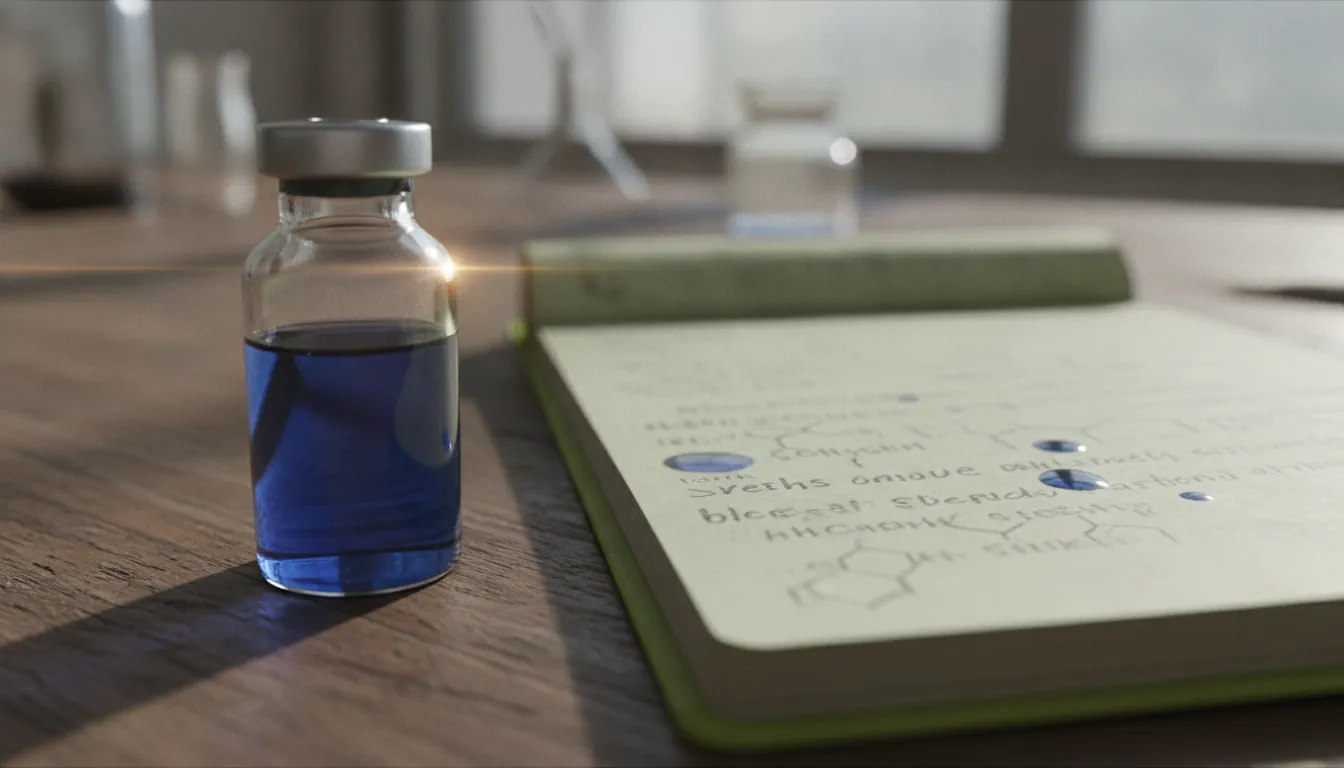 A drug compound vial on a lab table with a research notebook
