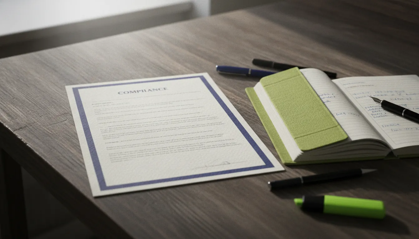A compliance document on a lab bench with a notebook and pens