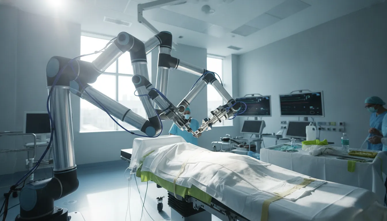 A surgical robot arm in an operating room