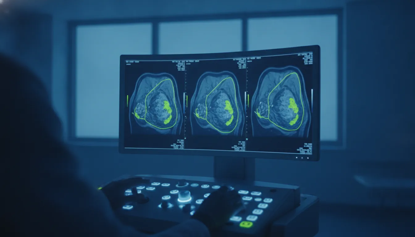 A radiologist's hands adjusting MRI settings in a dimly lit imaging room with a breast scan on display.