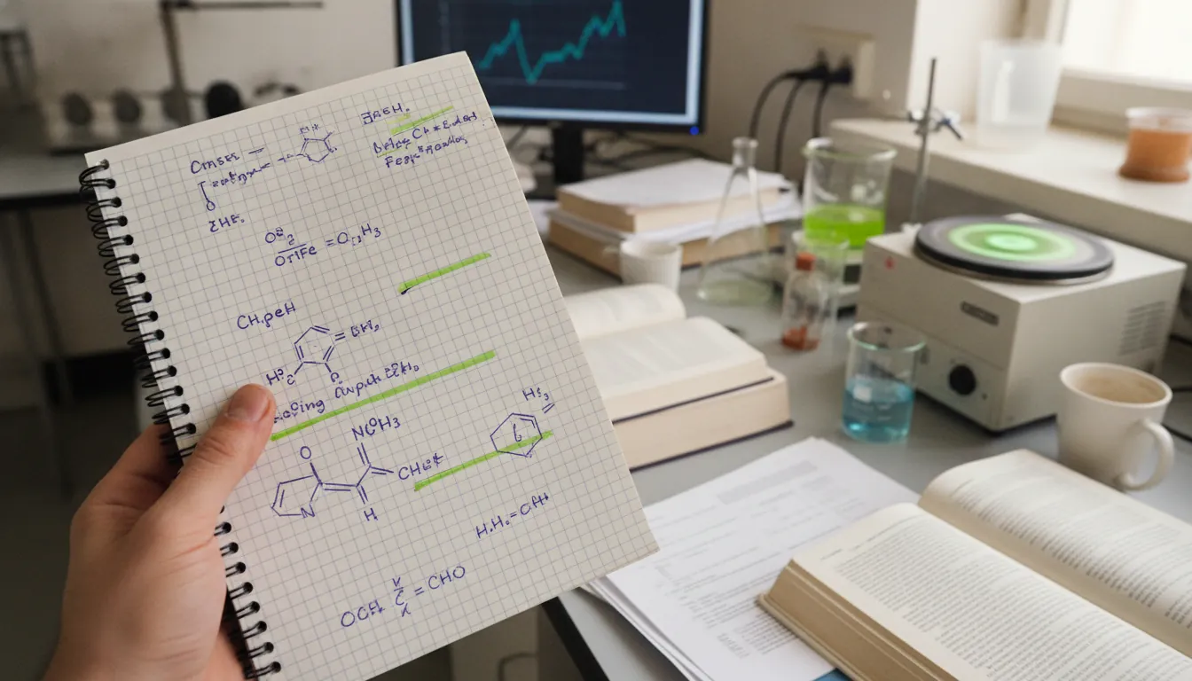 A hand holding a notebook in a lab setting, symbolizing collaboration in drug discovery.