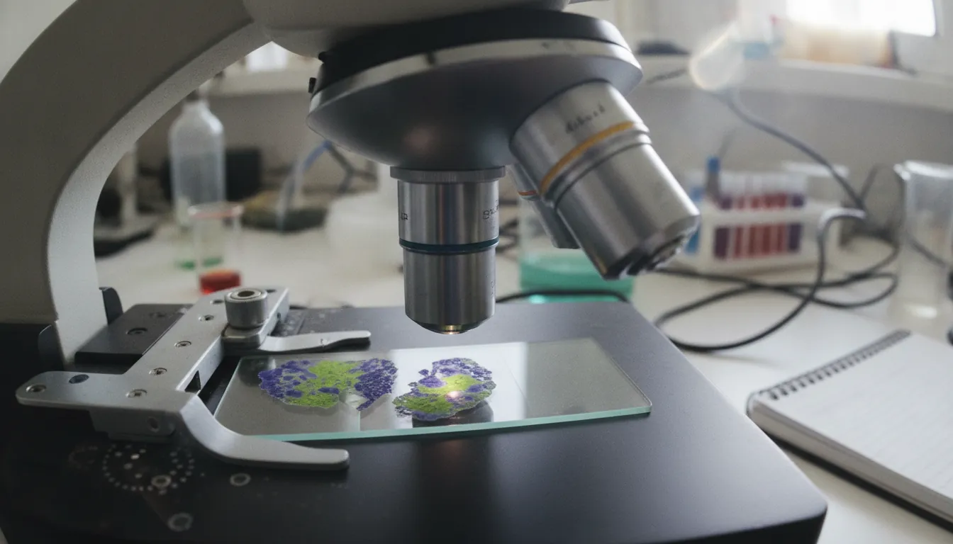A tissue sample on a microscope slide in a laboratory setting.
