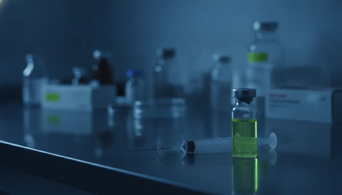 A syringe and vial on a lab bench in a dimly lit laboratory