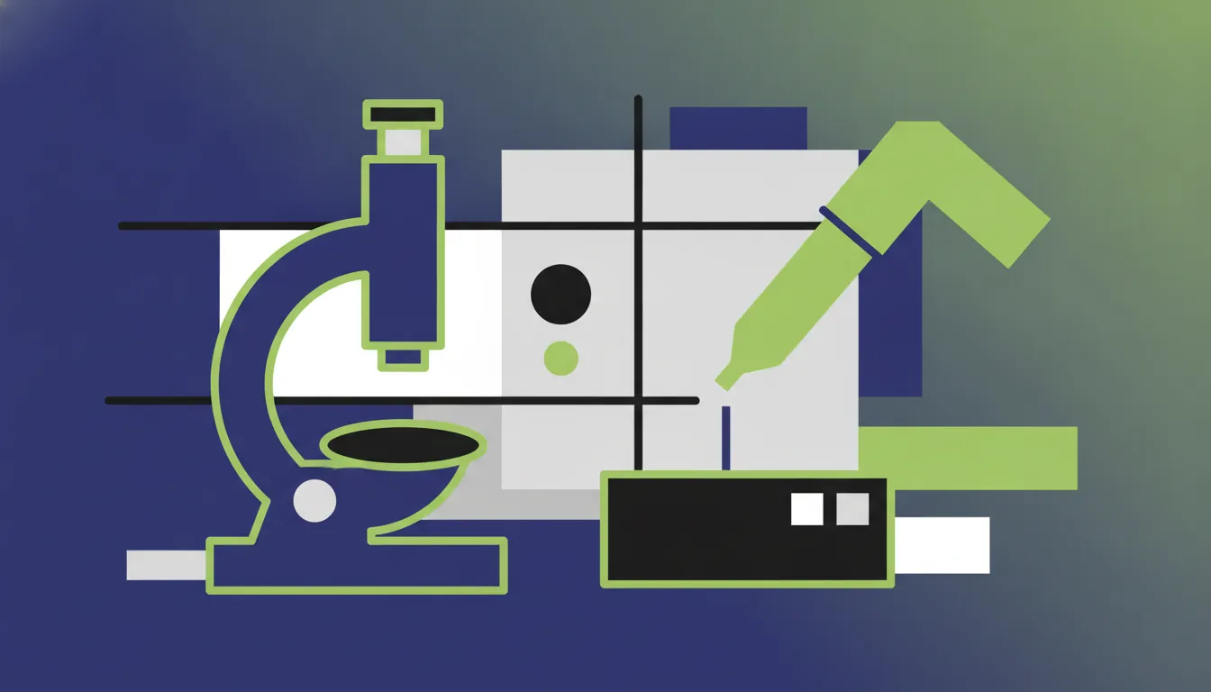 A minimalist illustration of a microscope and liquid handler in a lab setting.