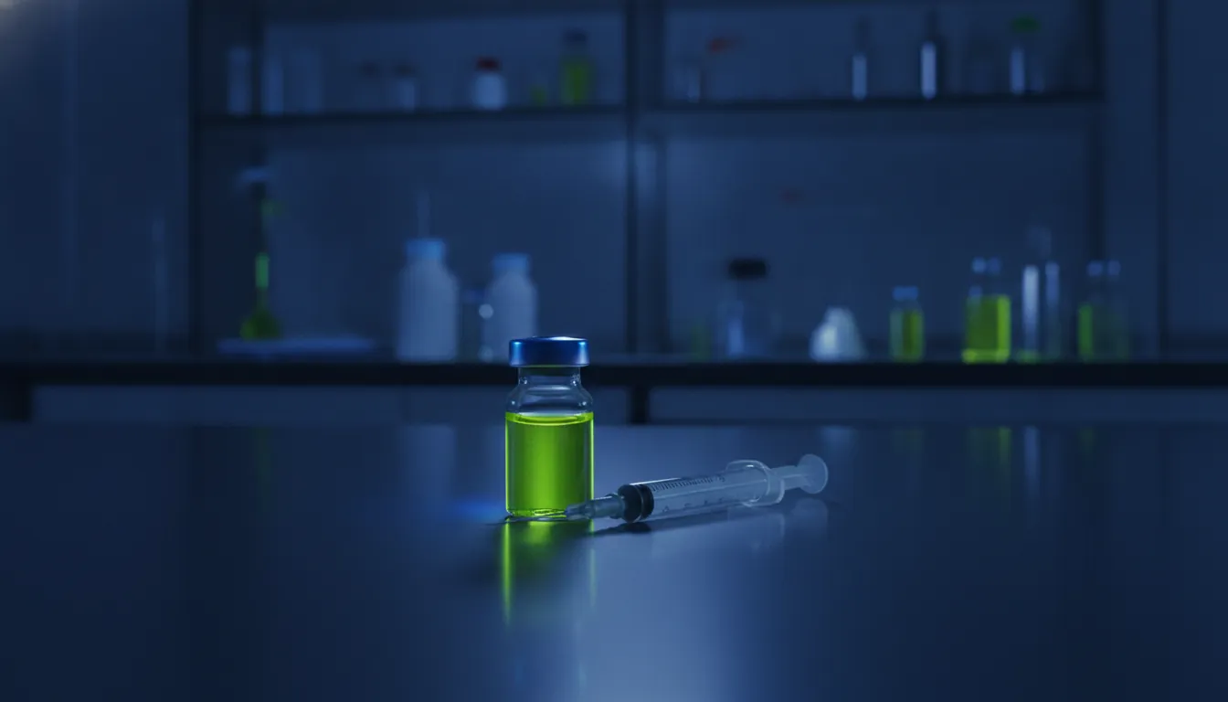 A pharmaceutical vial and syringe in a dimly lit lab setting.