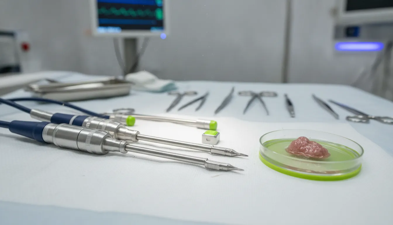 Robotic bronchoscopy tool and lung tissue sample in a clinical setting.