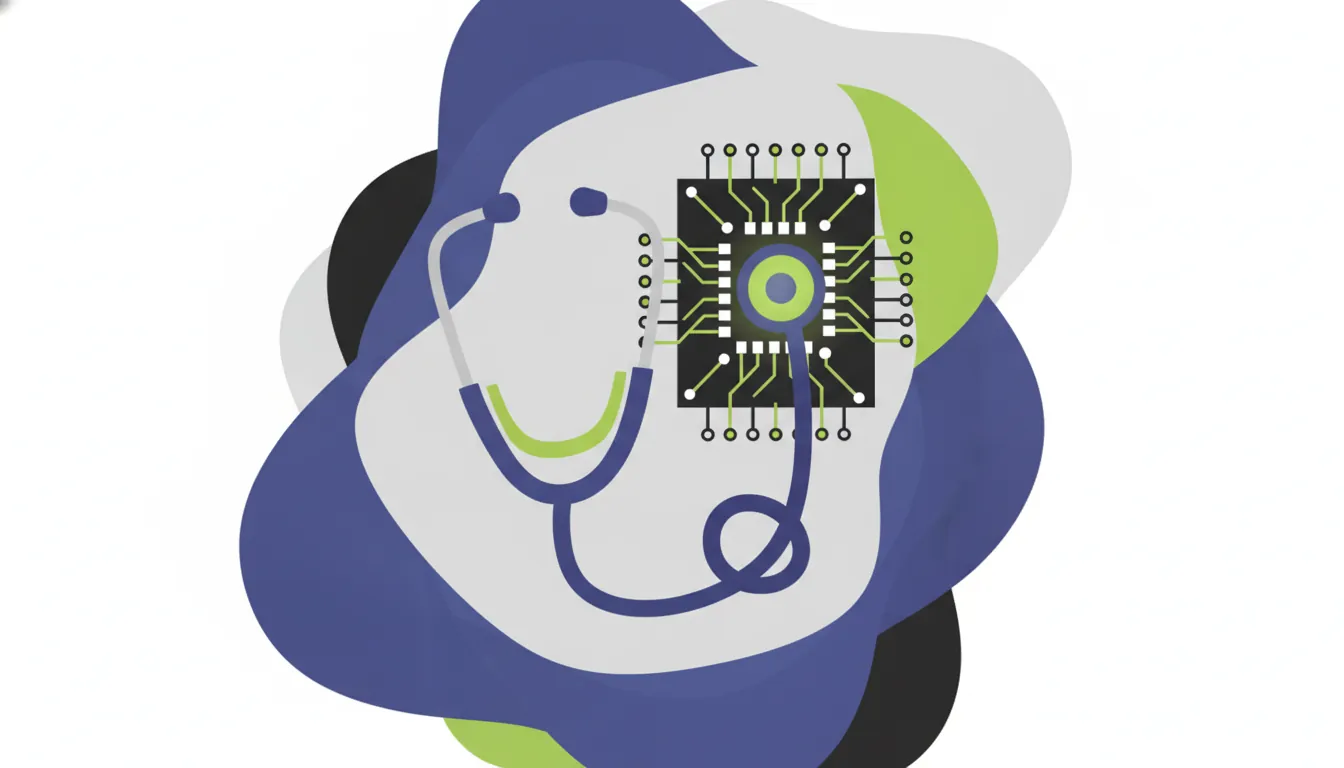 A minimalist illustration of a stethoscope and circuit board in flat design.