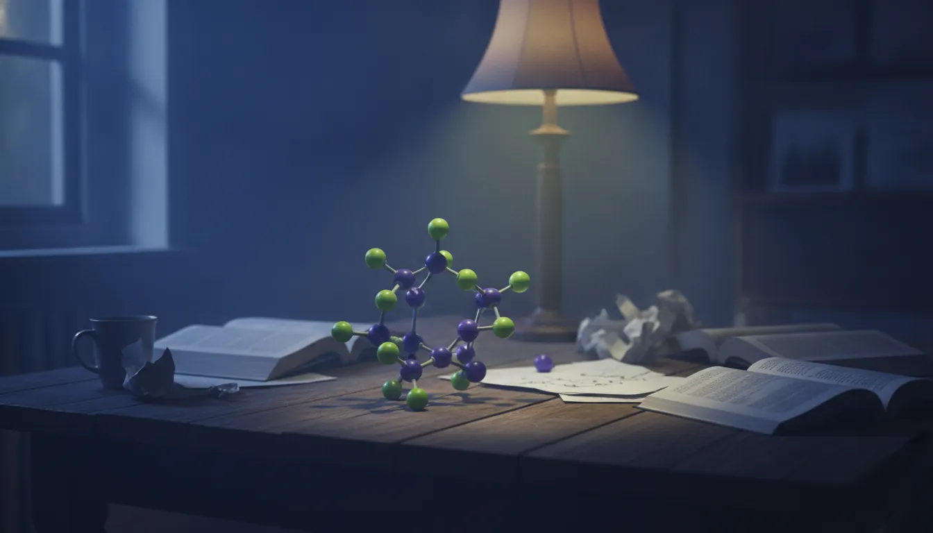 A molecular structure model in a dimly lit lab with research notes.