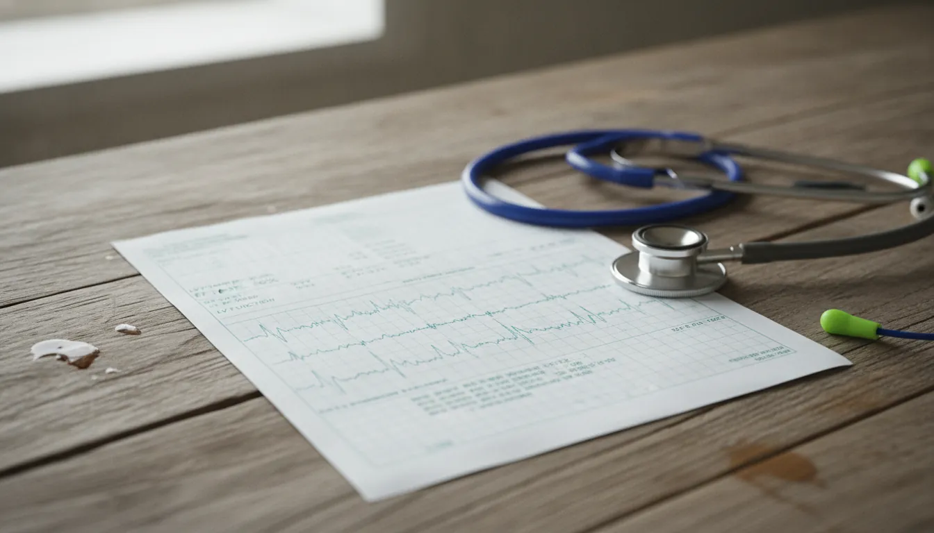 Echocardiogram printout and stethoscope in a clinical setting
