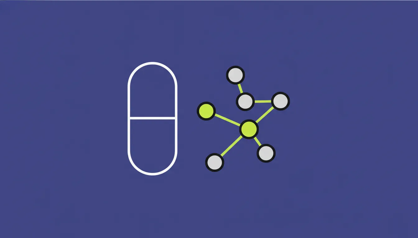 A minimalist illustration of a pill and a molecule representing AI in drug discovery.