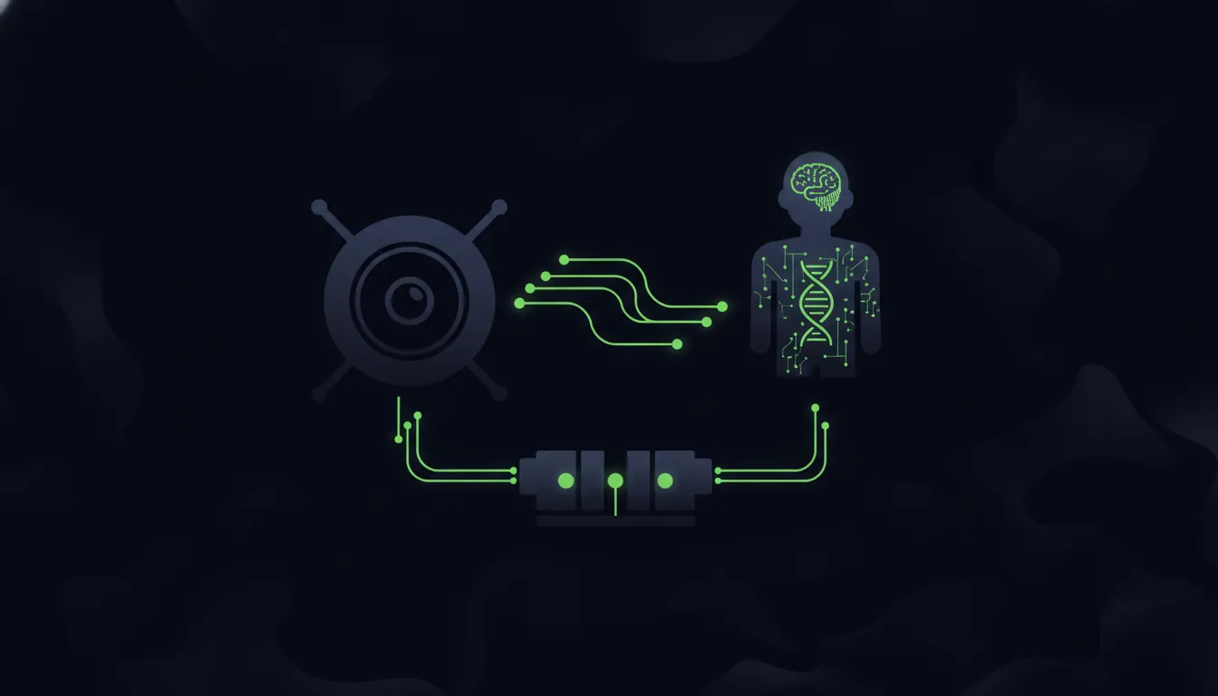 Minimalist illustration of a sensor and digital twin in a dark palette