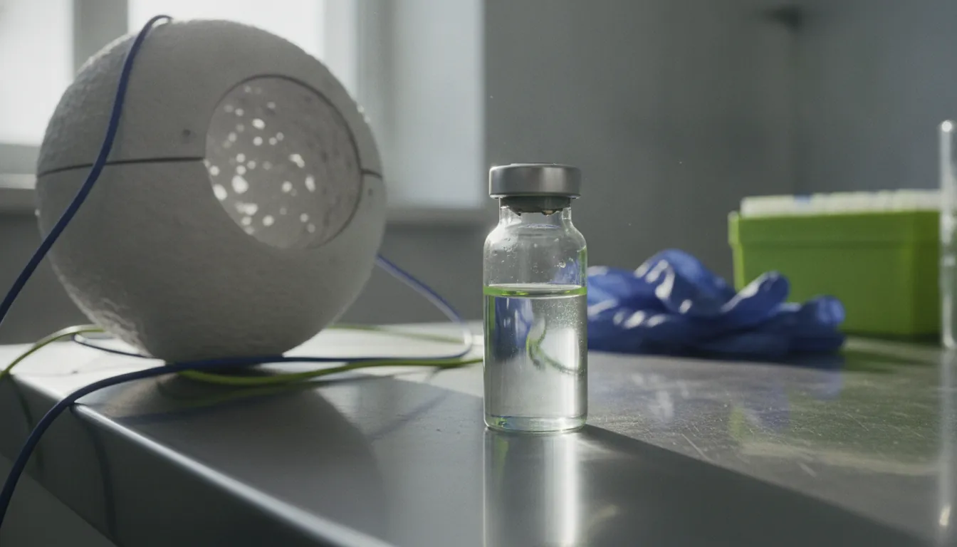 A lipid nanoparticle sample in a glass vial on a lab bench with an integrating sphere nearby.
