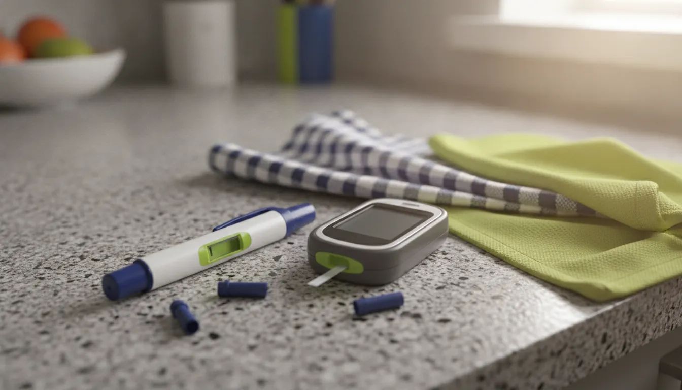 An insulin pen and blood glucose meter on a kitchen countertop