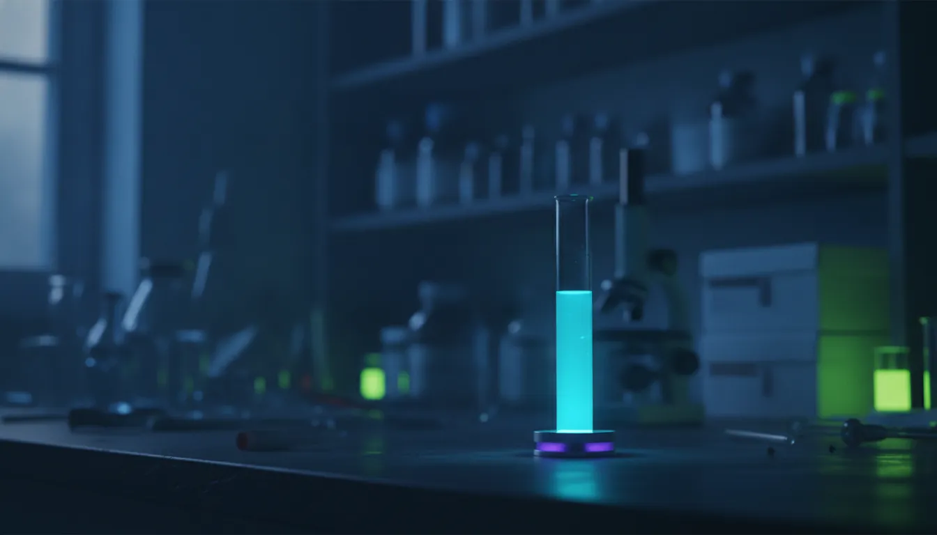 A test tube with a colorful liquid in a dimly lit lab setting.