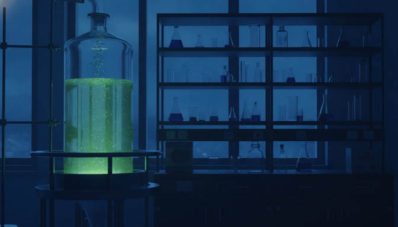 A bioreactor in a dimly lit laboratory during blue hour, reflecting soft ambient light.