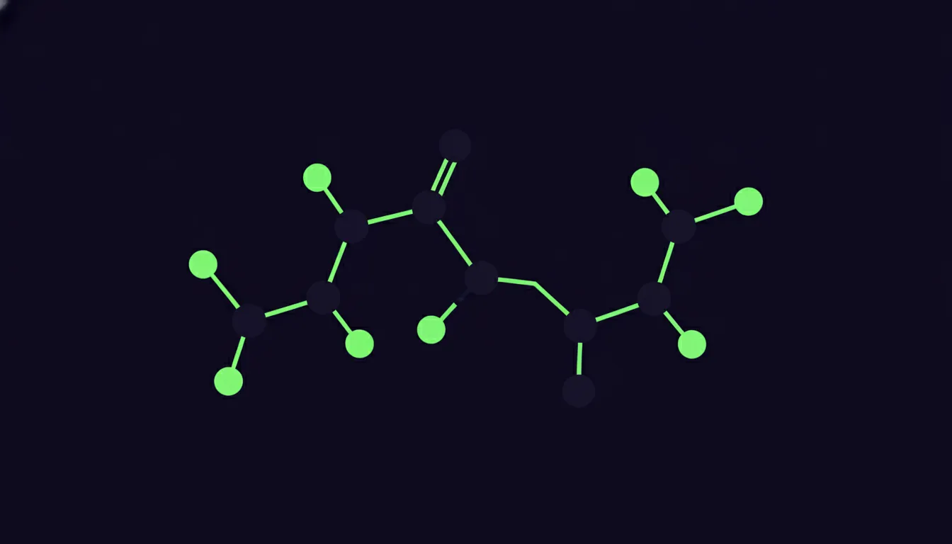 A minimalist representation of a drug molecule in a dark color scheme.