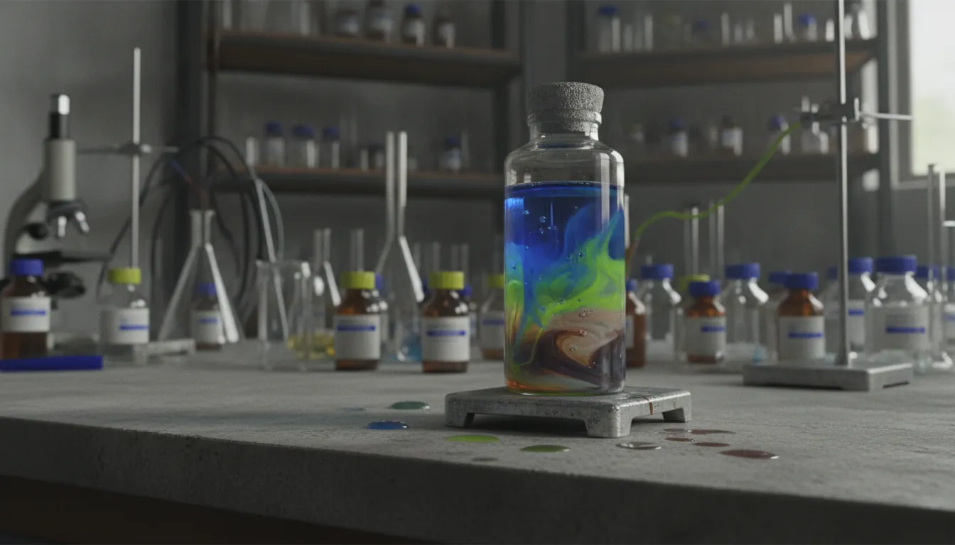 A complex reagent in a glass vial on a lab bench with shelves of equipment in the background.