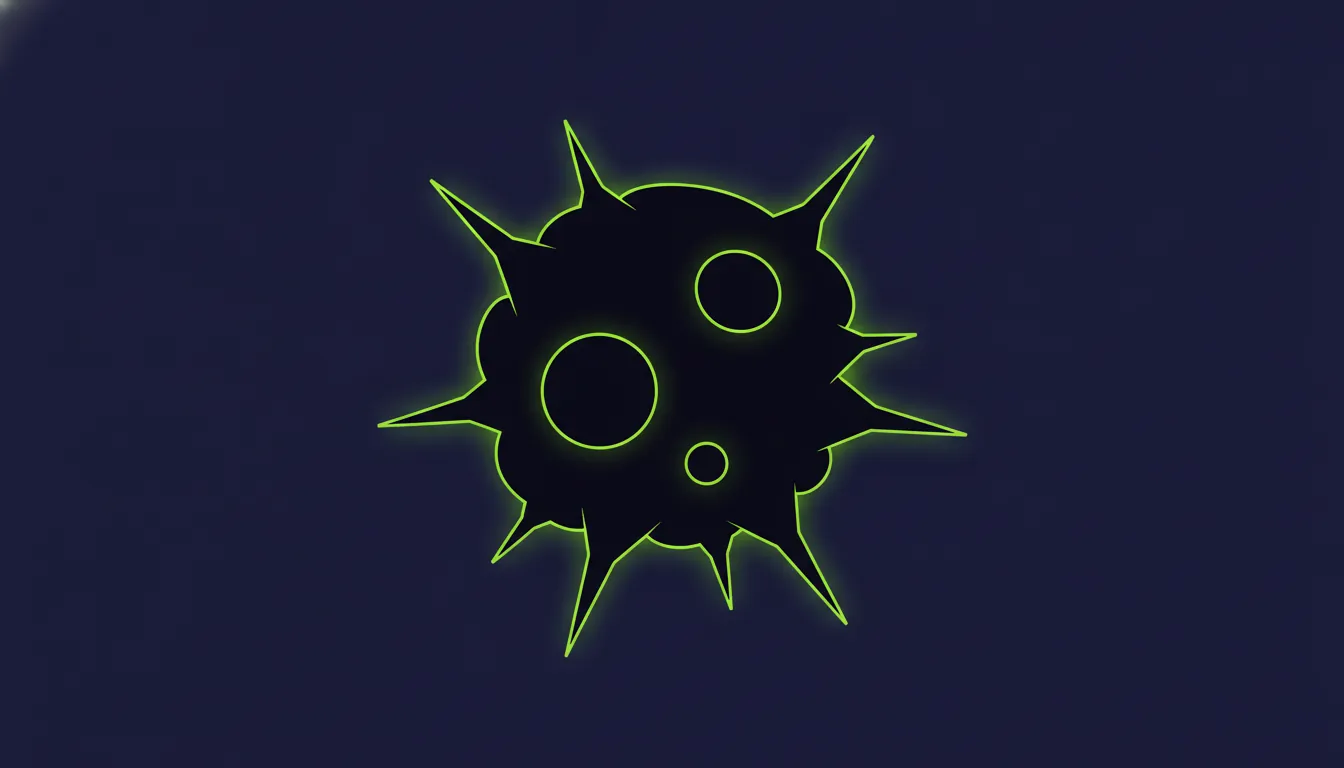 A minimalist representation of a cancer cell in a dark color scheme.