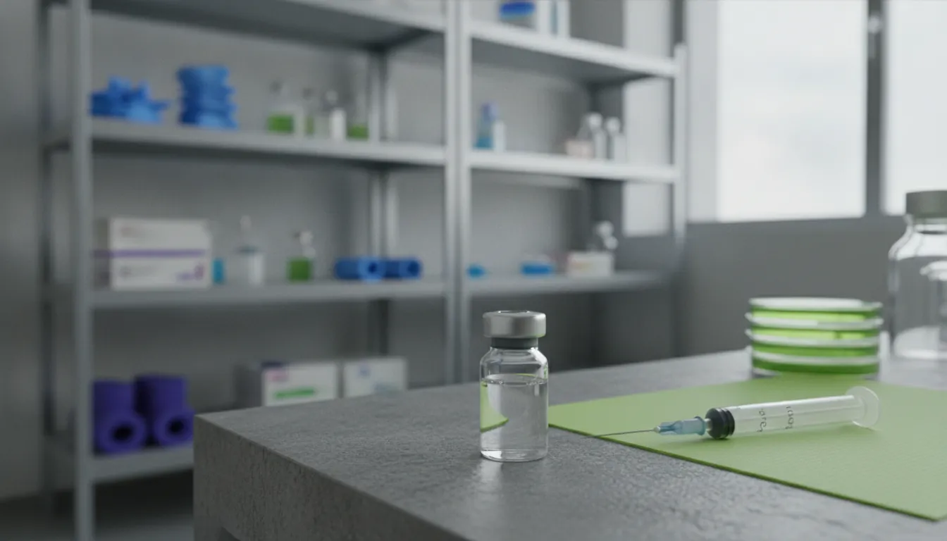 A clinical trial vial and syringe on a lab bench in a clinical setting.