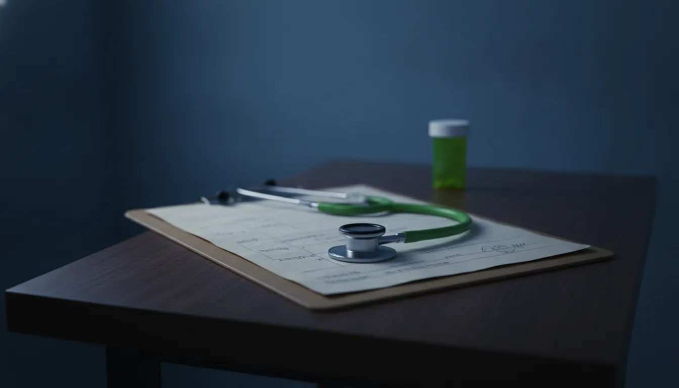 A stethoscope on a patient chart in a dimly lit examination room.