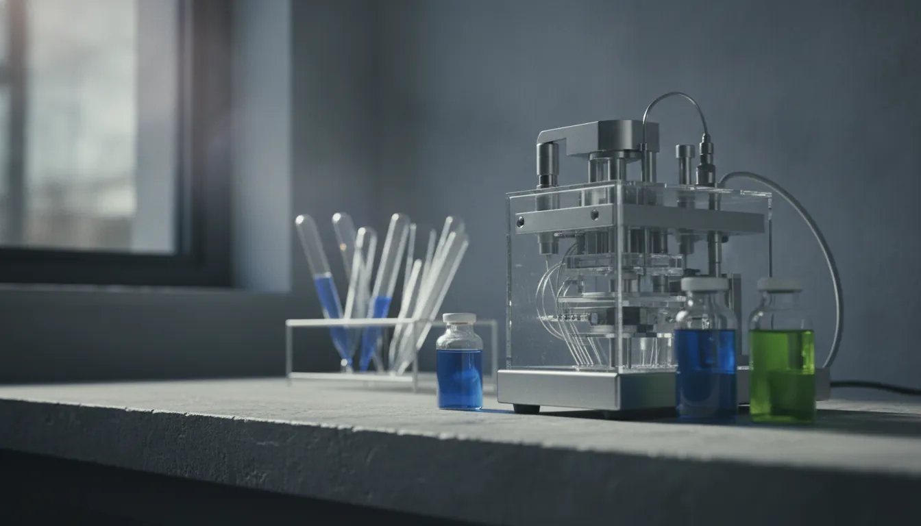 A protein binder on a lab bench with scientific equipment in the background.