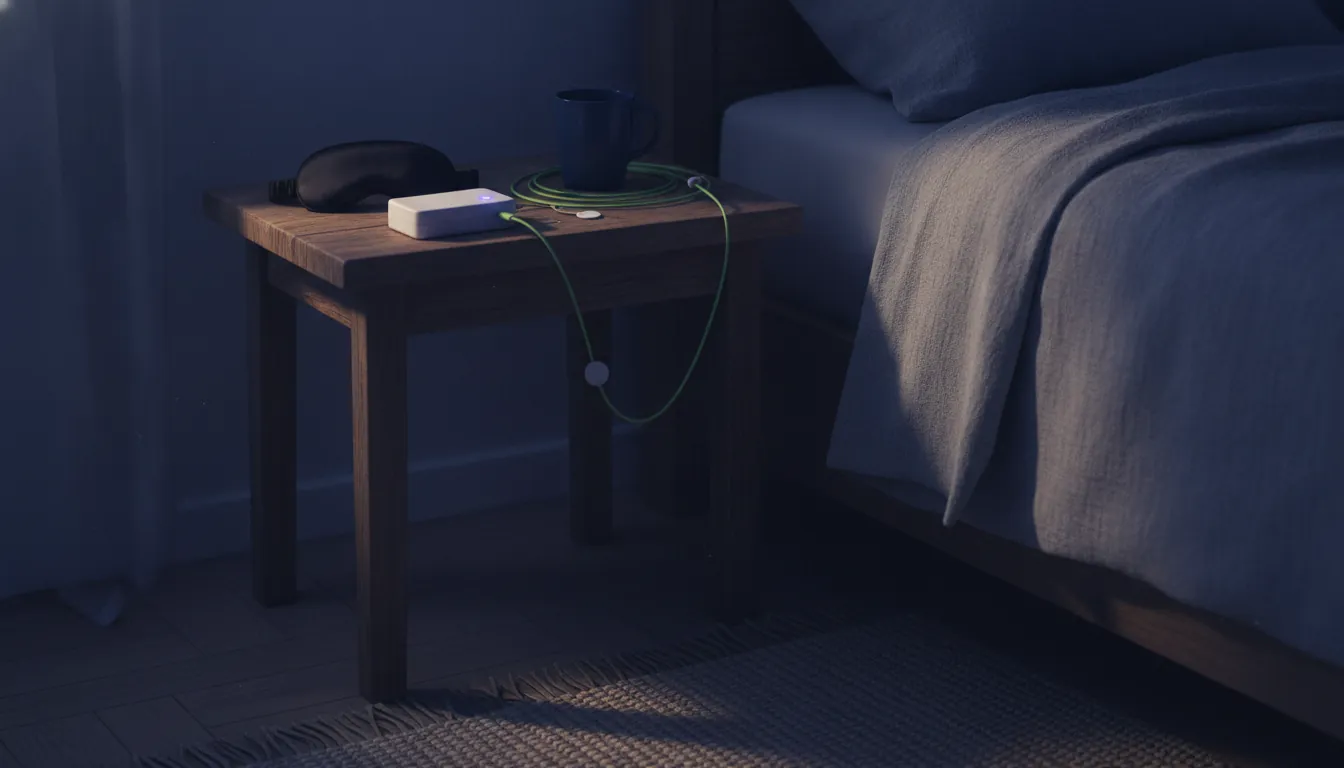 A polysomnography sensor and sleep mask in a dimly lit sleep study room.