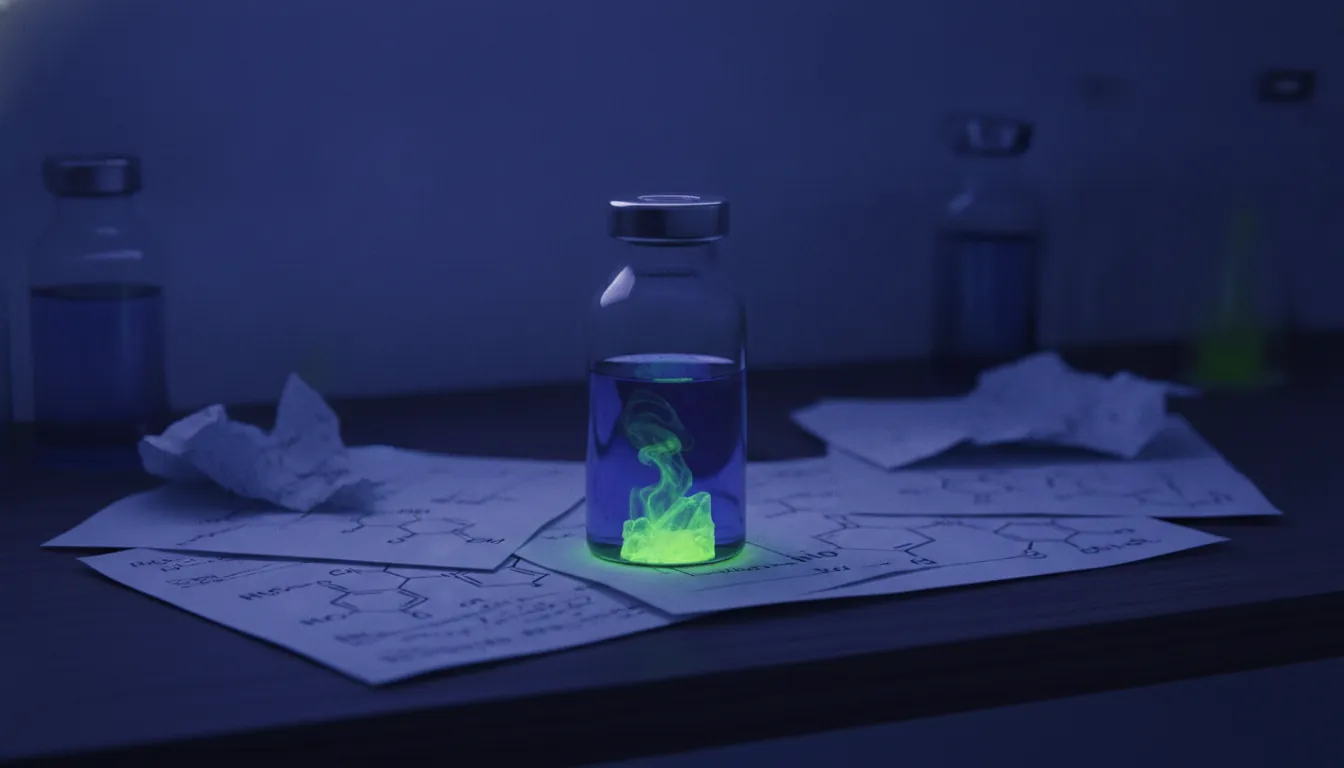 A vial of a drug compound on a laboratory shelf during blue hour