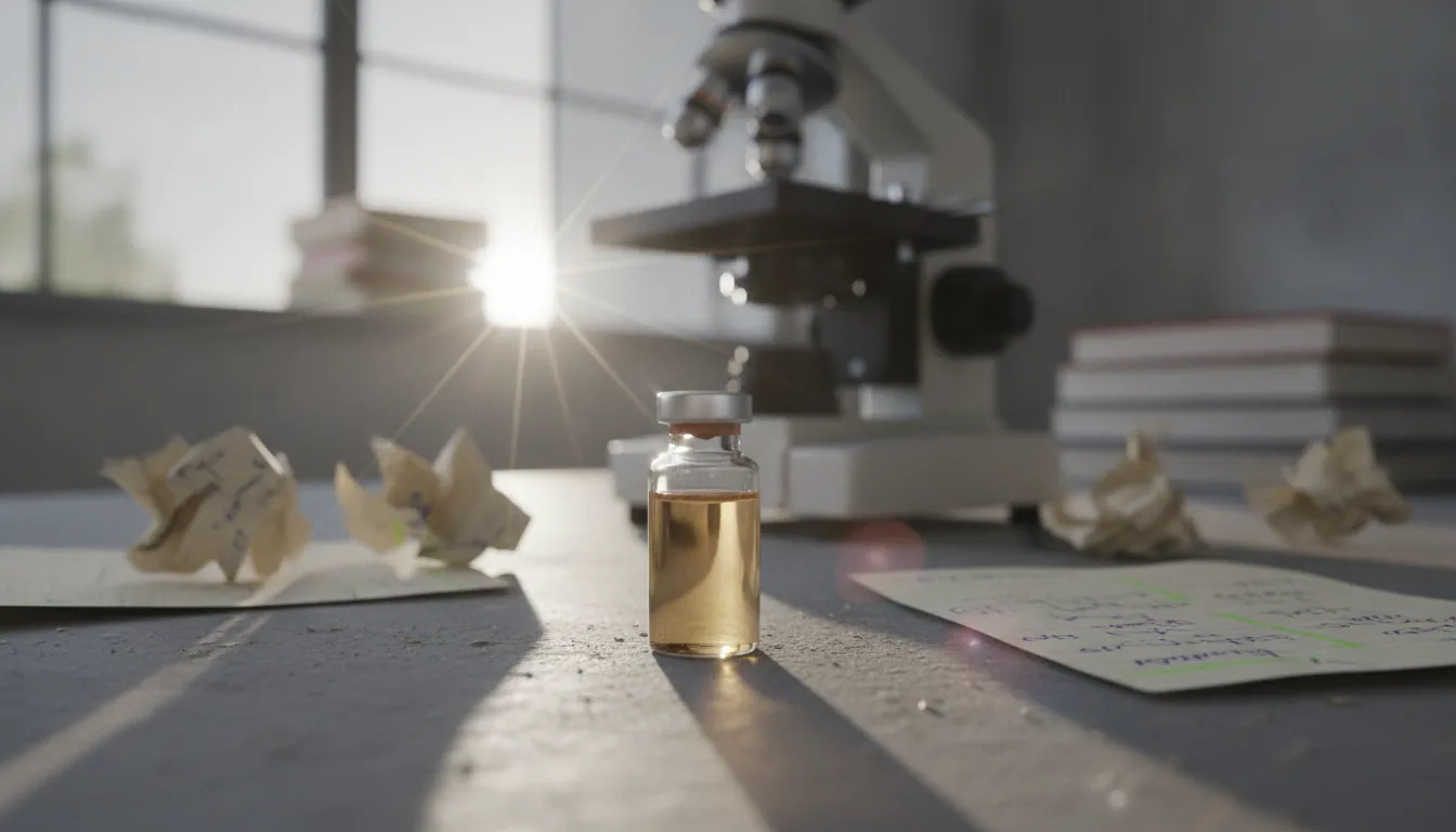 A drug compound vial on a lab bench