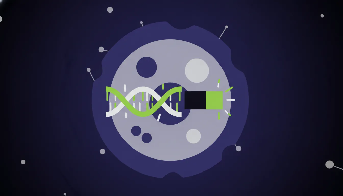 A flat illustration of a human cell with a CRISPR tool, symbolizing gene editing.
