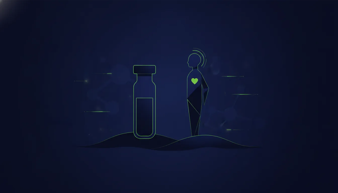A minimalist representation of a clinical trial vial and patient figure in a dark palette.