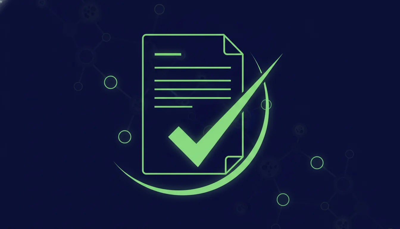 A minimalist representation of a compliance document with a checkmark in a dark color scheme.