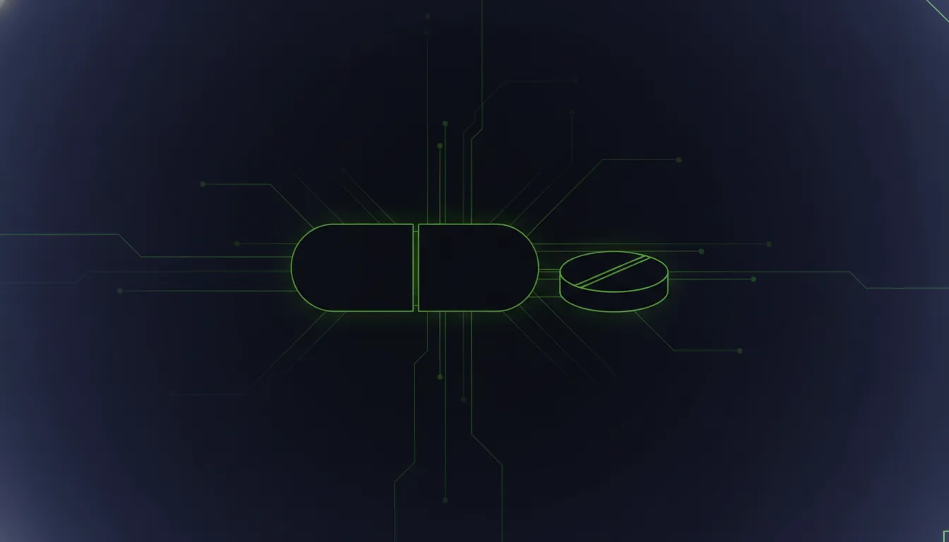 Minimalist illustration of a pill and tablet on a dark background