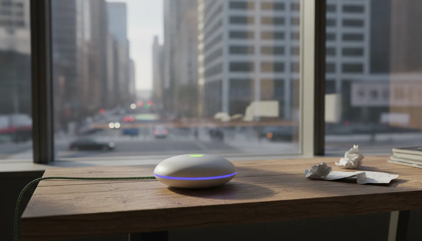 An AI tool prototype on a wooden desk in a modern office with a city view