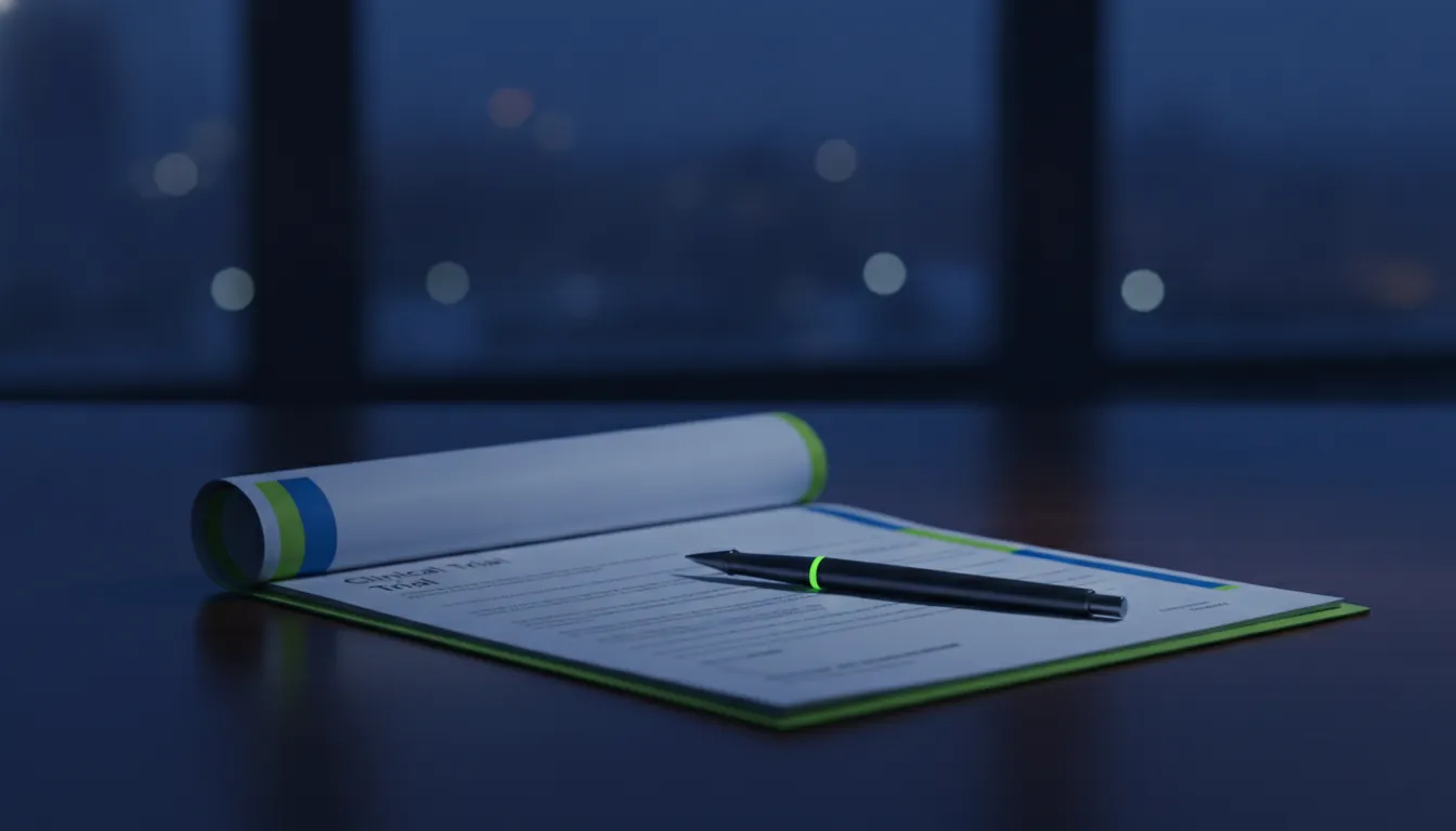 A clinical trial document and pen on a desk in a dimly lit research office.